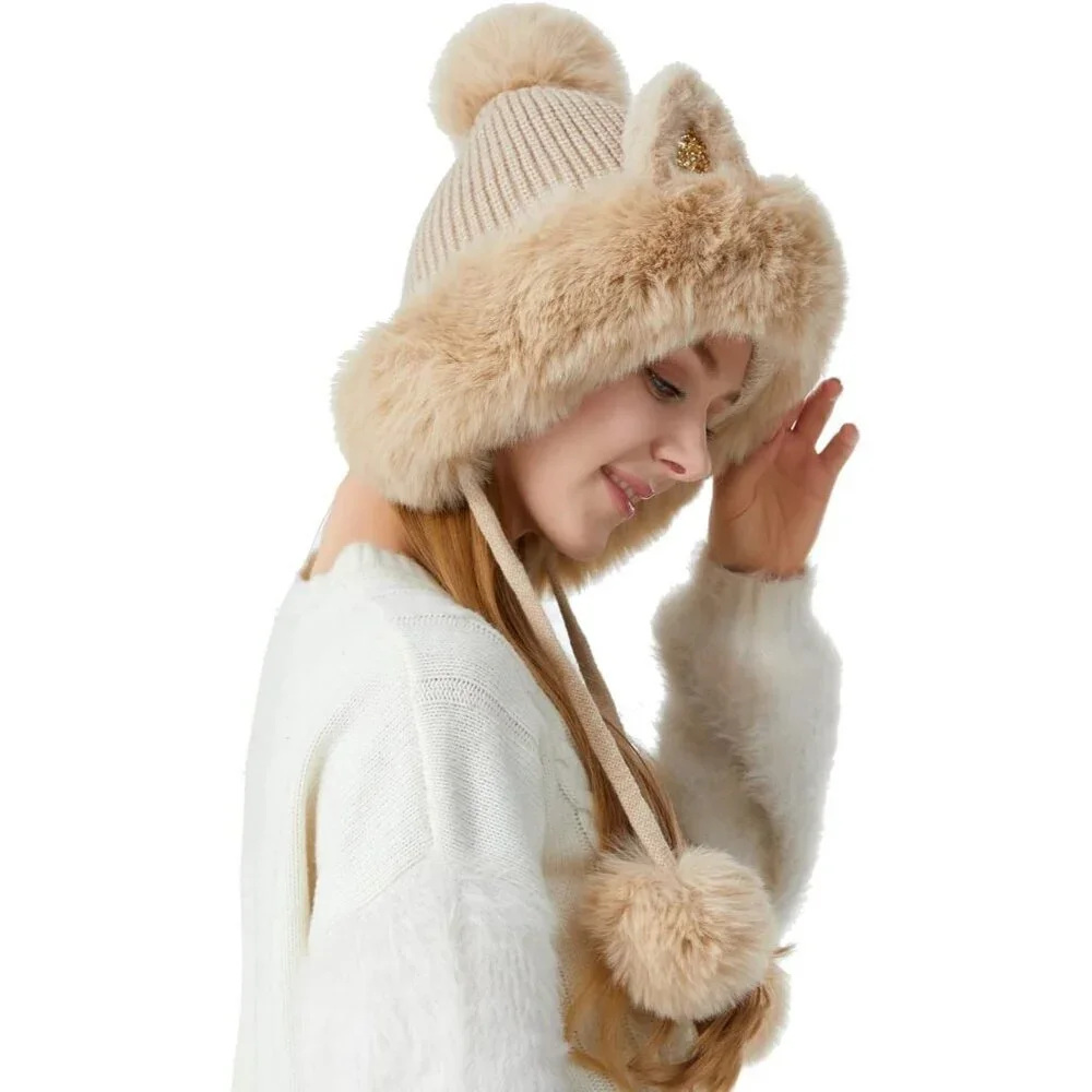 Women Beige Solid Winter Peruvian Cover Ears Beanie Hat Ear Flaps Sherp Ski Snow - Picture 4 of 7